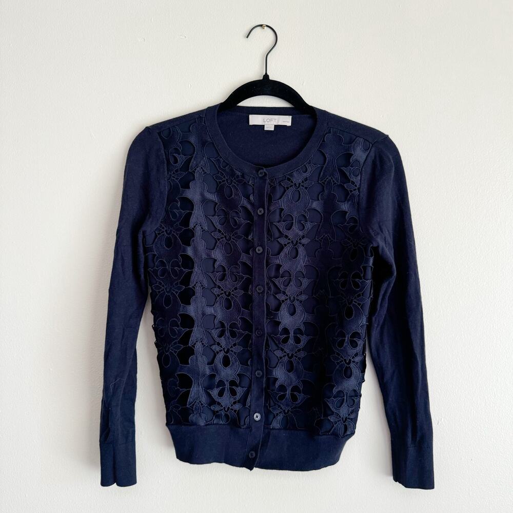 Loft Navy Blue Floral Overlay Lightweight Cardigan Sweater - XSP